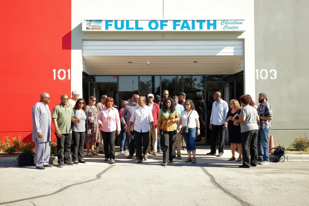 Congregation of Full of Faith Christian Center standing outside the church entrance in Pomona, California